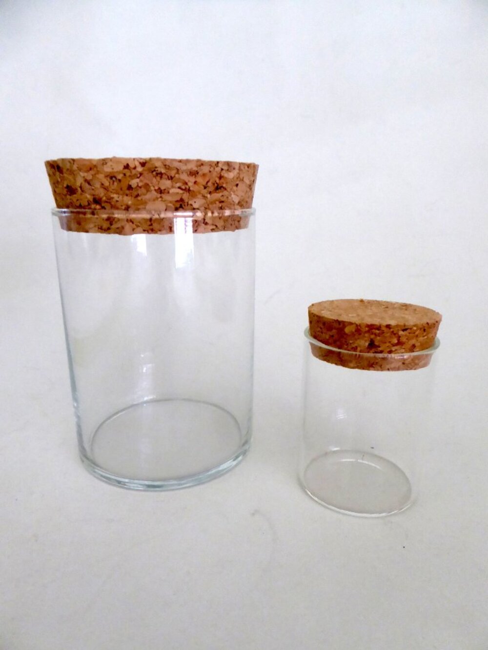 NEW 2.25” & 4” GLASS JARS CORK STOPPERS CLEAR CYLINDER (LOT OF 2)